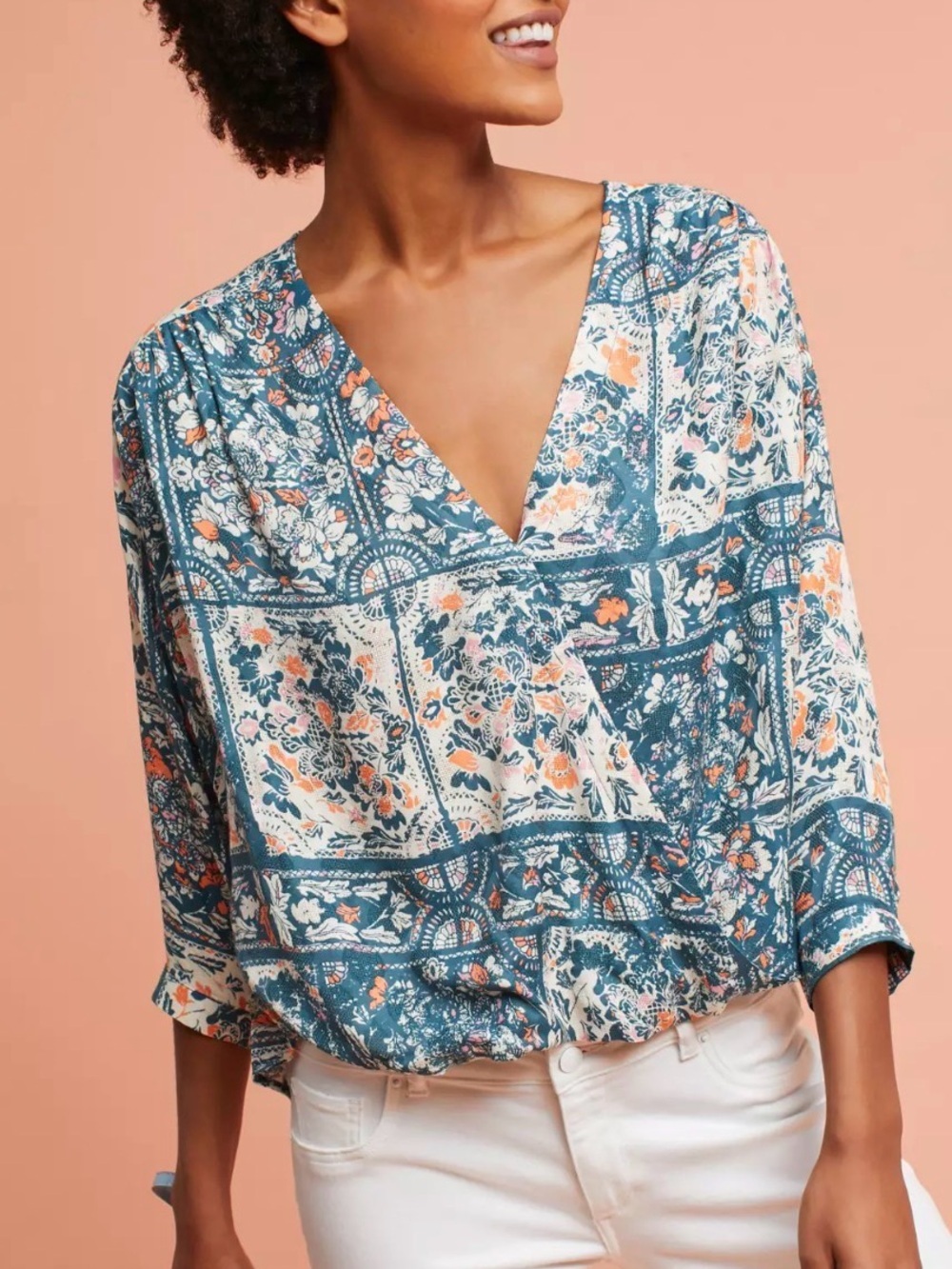 Maeve X Anthropologie Gianna Printed Wrap Top Multicolor 3/4 sleeve Size Small